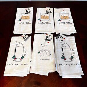 Holiday-Themed Cotton Kitchen Towels Set Of 6 With Festive Prints & Phrases